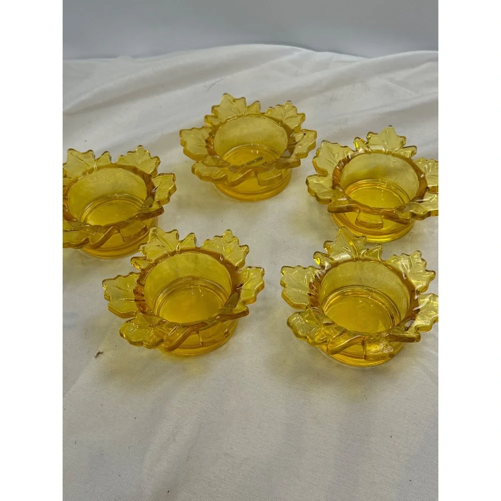 Amber Glass Maple Leaf Tea Light Candle Holders Set of 5 Yellow Fall Decor